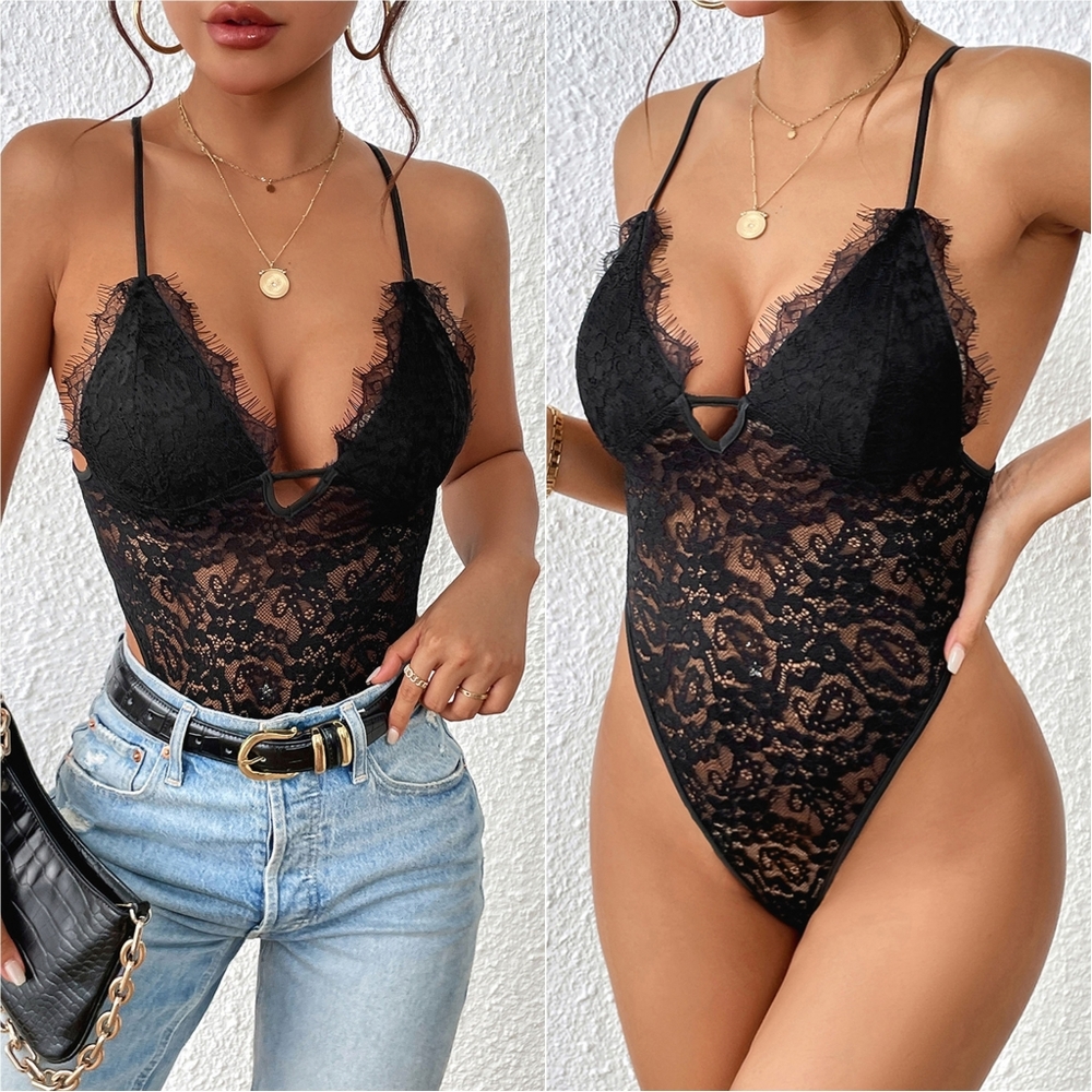 Alissa Crosshatch Lace Bodysuit - Black